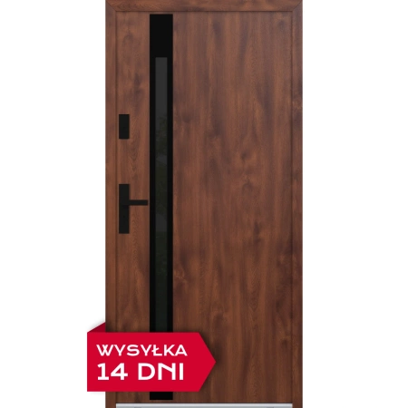Drzwi zewnętrzne do domu stalowo aluminiowe 68 mm z szybą i klamką czarną ATU68 orzech Program Czyste Powietrze M534
