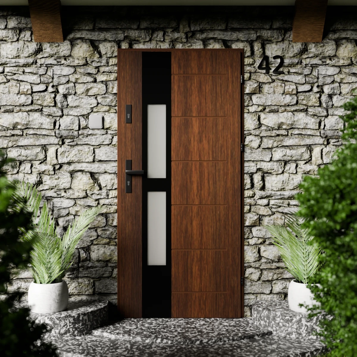 Drzwi zewnętrzne stalowe do domu Anda Black 72mm z klamką czarną energooszczędne Ud=1.3 lustro weneckie szyba mleczna Program Czyste Powietrze