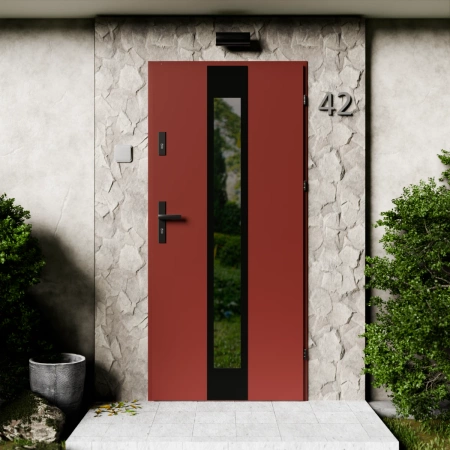 Drzwi zewnętrzne stalowe do domu Modern Black 72mm z klamką czarną energooszczędne Ud=1.3 lustro weneckie szyba mleczna Program Czyste Powietrze