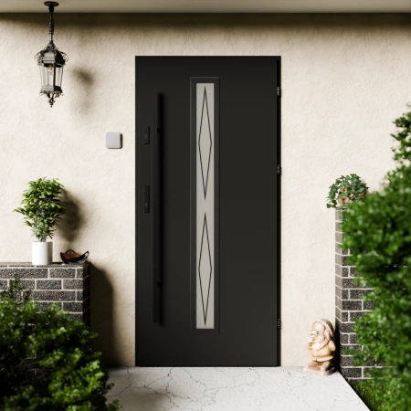 Drzwi zewnętrzne stalowe do domu Witro Black 72mm z antabą/pochwytem energooszczędne Ud=1.3 szyba z nadrukiem ceramicznym Program Czyste Powietrze