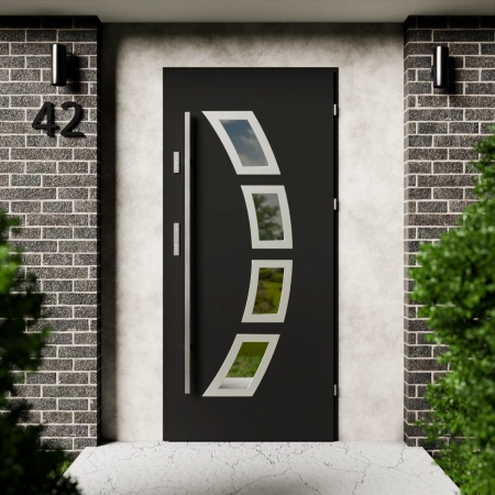 Drzwi zewnętrzne stalowe do domu Cinea Inox 72mm z antabą/pochwytem energooszczędne Ud=1.3 lustro weneckie szyba mleczna Program Czyste Powietrze