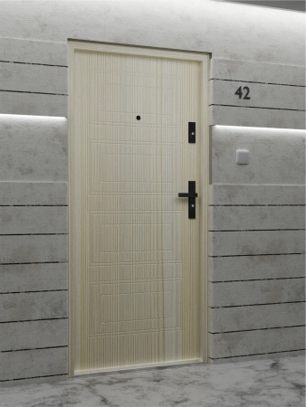 Drzwi wewnątrzklatkowe antywłamaniowe RC3 z Certyfikatem akustyczne wyciszające 47 dB 55 mm stalowe z tłoczeniami z klamką czarną dąb bielony T34