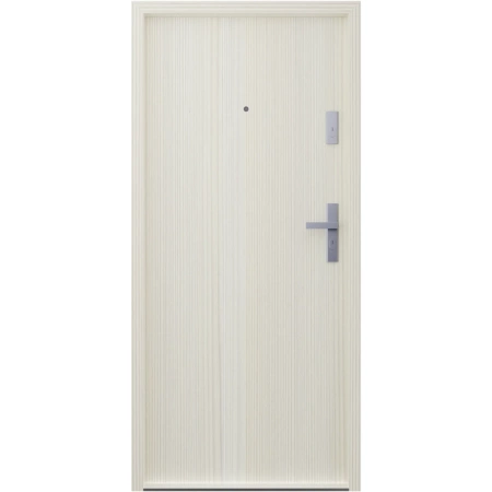 Drzwi wewnątrzklatkowe antywłamaniowe w klasie RC4 55 mm stalowe z klamką i zawiasami srebrnymi inox dąb bielony G00