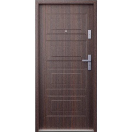 Drzwi wewnątrzklatkowe akustyczne wyciszające 47 dB z Certyfikatem antywłamaniowe RC3 55 mm stalowe z tłoczeniami z klamką inox srebrną mahoń T34