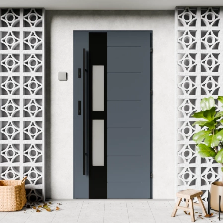 Drzwi zewnętrzne stalowe do domu Anda Black 72mm z antabą/pochwytem energooszczędne Ud=1.3 lustro weneckie szyba mleczna Program Czyste Powietrze