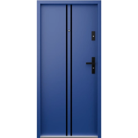 Drzwi wewnątrzklatkowe antywłamaniowe RC3 z Certyfikatem akustyczne wyciszające 47 dB 55 mm stalowe z klamką czarną i aplikacjami niebieskie A7