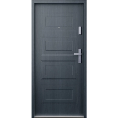 Drzwi wewnątrzklatkowe akustyczne wyciszające 47 dB antywłamaniowe RC3 55 mm stalowe z tłoczeniami z klamką inox srebrną antracyt drewnopodobny T34