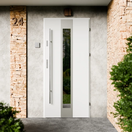 Drzwi zewnętrzne stalowe do domu Modern Inox 72mm z antabą/pochwytem energooszczędne Ud=1.3 lustro weneckie szyba mleczna Program Czyste Powietrze