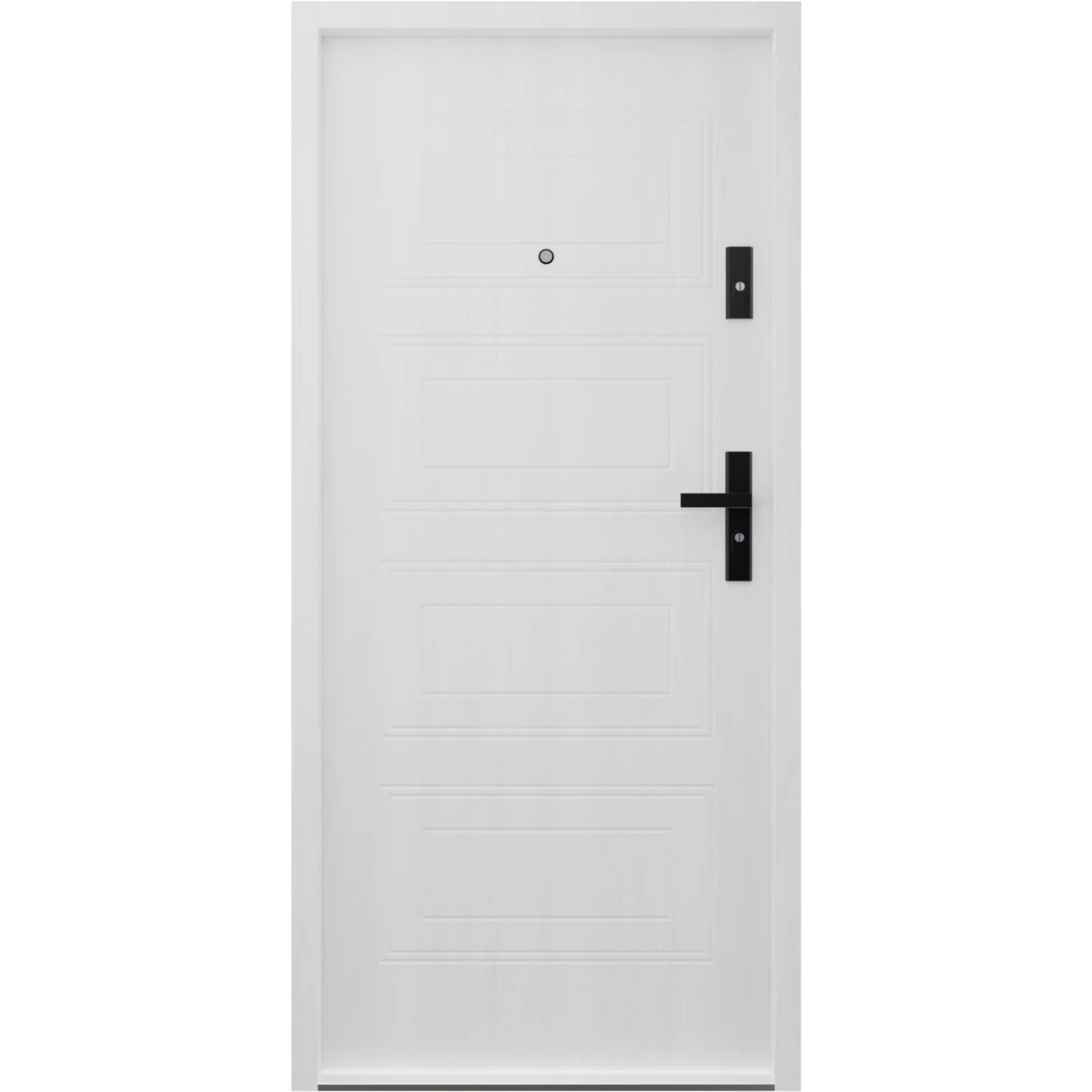 Drzwi wewnątrzklatkowe akustyczne wyciszające 47 dB antywłamaniowe RC3 55 mm stalowe z tłoczeniami z klamką czarną biały drewnopodobny T34