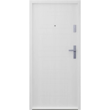 Drzwi wewnątrzklatkowe akustyczne wyciszające 47 dB antywłamaniowe RC3 55 mm stalowe z tłoczeniami z klamką inox srebrną biały drewnopodobny T34