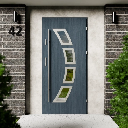 Drzwi zewnętrzne stalowe do domu Cinea Inox 72mm z antabą/pochwytem energooszczędne Ud=1.3 lustro weneckie szyba mleczna Program Czyste Powietrze