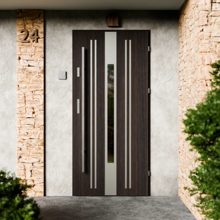 Drzwi zewnętrzne stalowe do domu Elegant Inox 72mm z antabą/pochwytem energooszczędne Ud=1.3 lustro weneckie szyba mleczna Program Czyste Powietrze