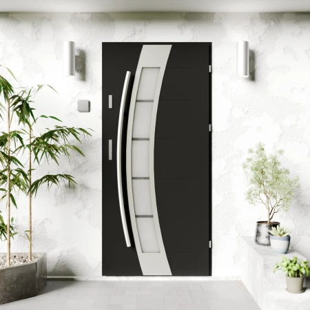 Drzwi zewnętrzne stalowe do domu Efekta Inox 72mm z antabą/pochwytem energooszczędne Ud=1.3 lustro weneckie szyba mleczna Program Czyste Powietrze