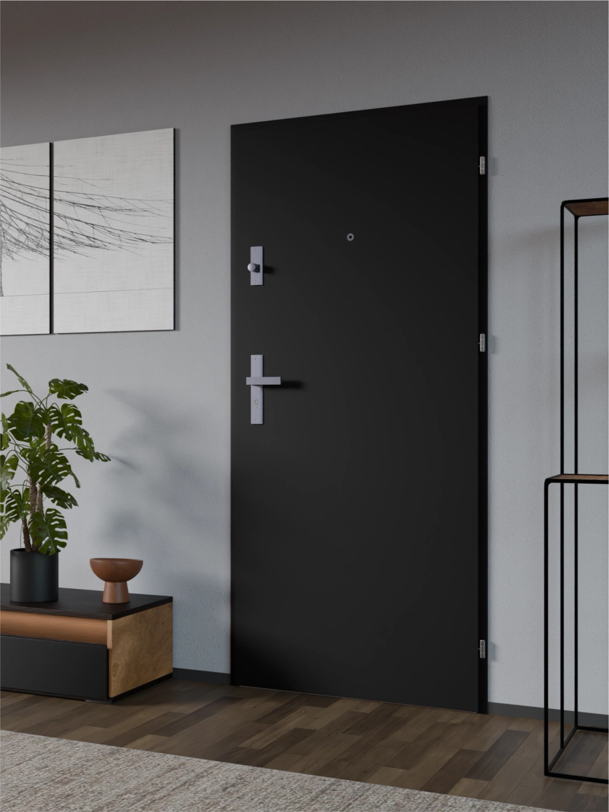 Drzwi wewnątrzklatkowe antywłamaniowe w klasie RC4 55 mm stalowe z klamką i zawiasami srebrnymi inox czarne A7