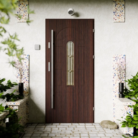 Drzwi zewnętrzne stalowe do domu Retro Inox 72mm z antabą/pochwytem energooszczędne Ud=1.3 przeszklone Program Czyste Powietrze