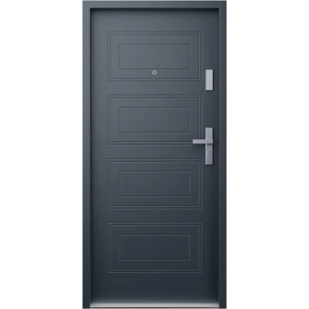 Drzwi wewnątrzklatkowe akustyczne wyciszające 47 dB antywłamaniowe RC3 55 mm stalowe z tłoczeniami z klamką inox srebrną antracyt db703 T34