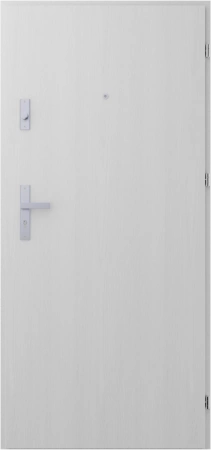 Drzwi wewnątrzklatkowe akustyczne wyciszające 47 dB antywłamaniowe RC3 55 mm stalowe gładkie z klamką inox srebrną biały drewnopodobny G00