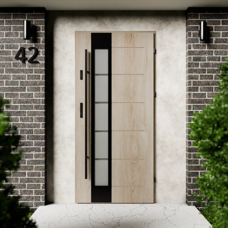 Drzwi zewnętrzne stalowe do domu Sanda Black 72mm z antabą/pochwytem energooszczędne Ud=1.3 lustro weneckie szyba mleczna Program Czyste Powietrze