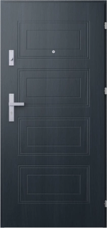 Drzwi wewnątrzklatkowe akustyczne wyciszające 47 dB antywłamaniowe RC3 55 mm stalowe z tłoczeniami z klamką inox srebrną antracyt drewnopodobny T34