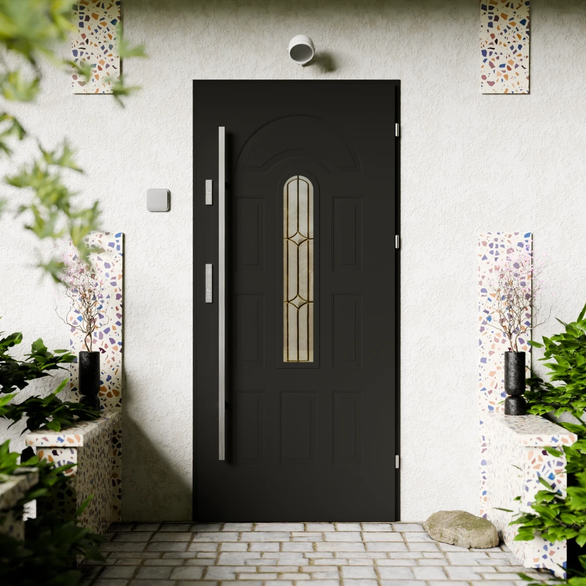 Drzwi zewnętrzne stalowe do domu Retro Inox 72mm z antabą/pochwytem energooszczędne Ud=1.3 przeszklone Program Czyste Powietrze