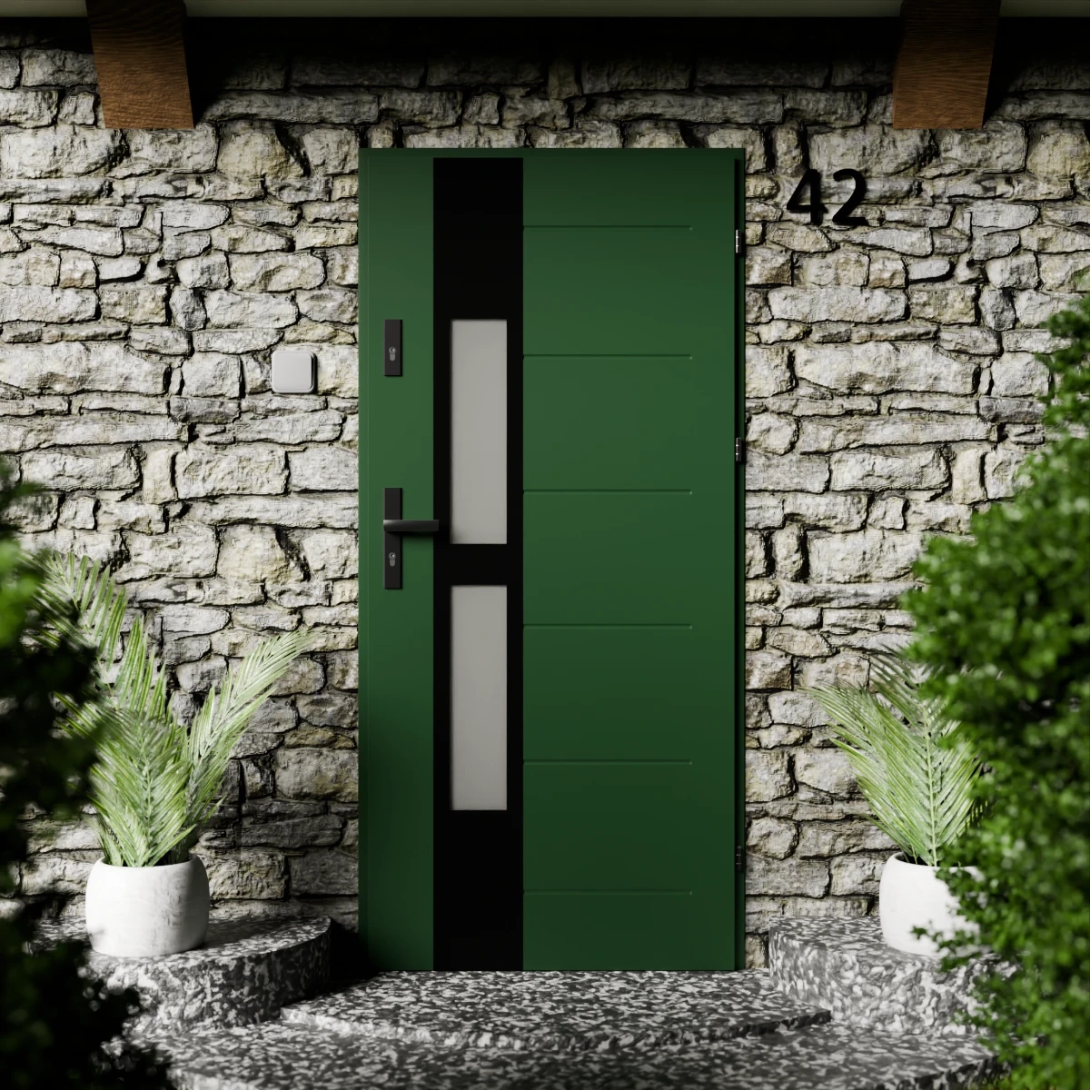 Drzwi zewnętrzne stalowe do domu Anda Black 72mm z klamką czarną energooszczędne Ud=1.3 lustro weneckie szyba mleczna Program Czyste Powietrze