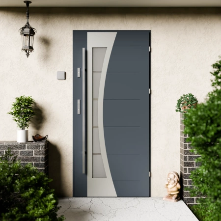 Drzwi zewnętrzne stalowe do domu Optima Inox 72mm z antabą/pochwytem energooszczędne Ud=1.3 lustro weneckie szyba mleczna Program Czyste Powietrze