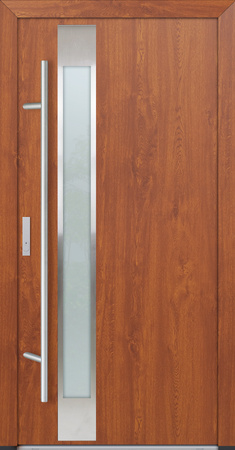 Drzwi zewnętrzne wejściowe do domu stalowo aluminiowe 82 mm DS82 przeszklone z okuciami inox złoty dąb Program Czyste Powietrze M14