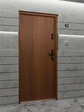 Drzwi wewnątrzklatkowe antywłamaniowe RC3 z Certyfikatem akustyczne wyciszające 47 dB 55 mm stalowe gładkie z klamką czarną złoty dąb G00