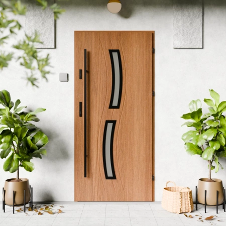 Drzwi zewnętrzne stalowe do domu Twista Black 72mm z antabą/pochwytem energooszczędne Ud=1.3 lustro weneckie szyba mleczna Program Czyste Powietrze