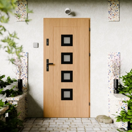 Drzwi zewnętrzne stalowe do domu Quarto Black 72mm z klamką czarną energooszczędne Ud=1.3 reflex szary szyba mleczna Program Czyste Powietrze