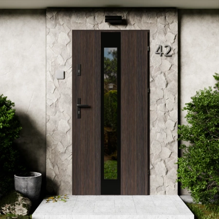 Drzwi zewnętrzne stalowe do domu Modern Black 72mm z klamką czarną energooszczędne Ud=1.3 lustro weneckie szyba mleczna Program Czyste Powietrze