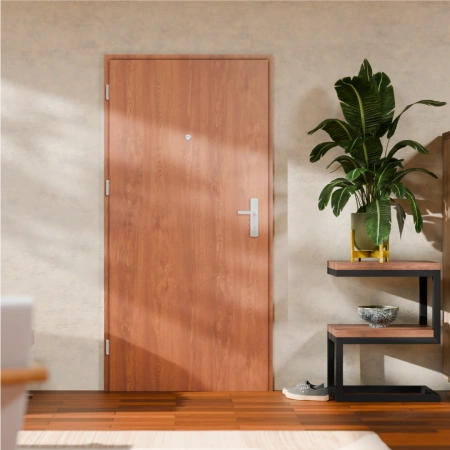 Drzwi klatkowe wejściowe do mieszkania w bloku antywłamaniowe RC3 68mm stalowe akustyczne i wygłuszające 44 dB dymoszczelne złoty dąb M02