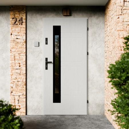 Drzwi zewnętrzne stalowe do domu Weno Black 72mm z klamką czarną energooszczędne Ud=1.3 lustro weneckie szyba mleczna Program Czyste Powietrze