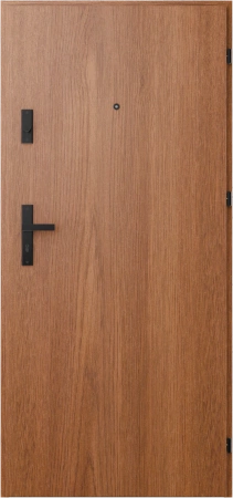 Drzwi wewnątrzklatkowe antywłamaniowe RC3 z Certyfikatem akustyczne wyciszające 47 dB 55 mm stalowe z klamką czarną i aplikacjami złoty dąb A7