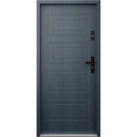 Drzwi wewnątrzklatkowe akustyczne wyciszające 47 dB antywłamaniowe RC3 55 mm stalowe z tłoczeniami z klamką czarną antracyt drewnopodobny T34