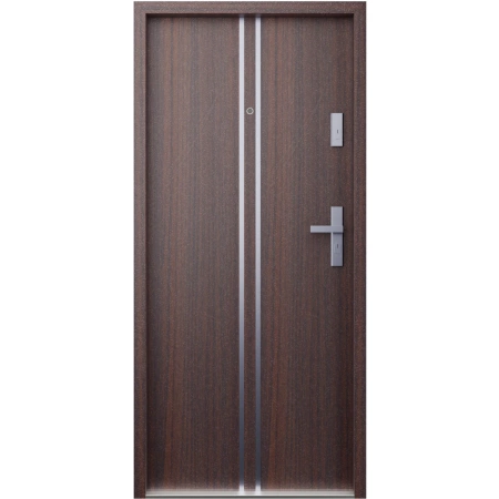 Drzwi wewnątrzklatkowe antywłamaniowe RC3 z Certyfikatem akustyczne wyciszające 47 dB 55 mm stalowe z klamką inox srebrną i aplikacjami mahoń A7