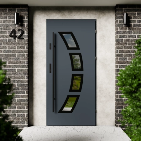 Drzwi zewnętrzne stalowe do domu Cinea Black 72mm z antabą/pochwytem energooszczędne Ud=1.3 lustro weneckie szyba mleczna Program Czyste Powietrze