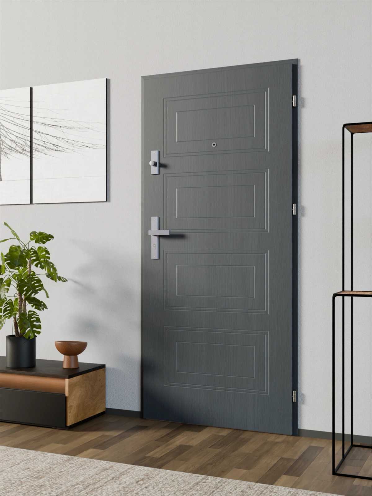 Ekonomiczne drzwi wewnątrzklatkowe wejściowe do mieszkania z klatki schodowej 55 mm stalowe antracyt drewnopodobny T34