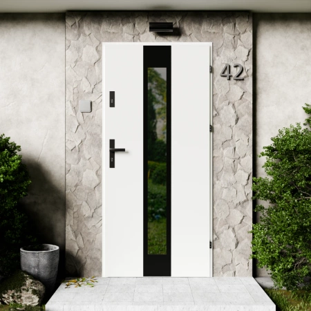 Drzwi zewnętrzne stalowe do domu Modern Black 72mm z klamką czarną energooszczędne Ud=1.3 lustro weneckie szyba mleczna Program Czyste Powietrze
