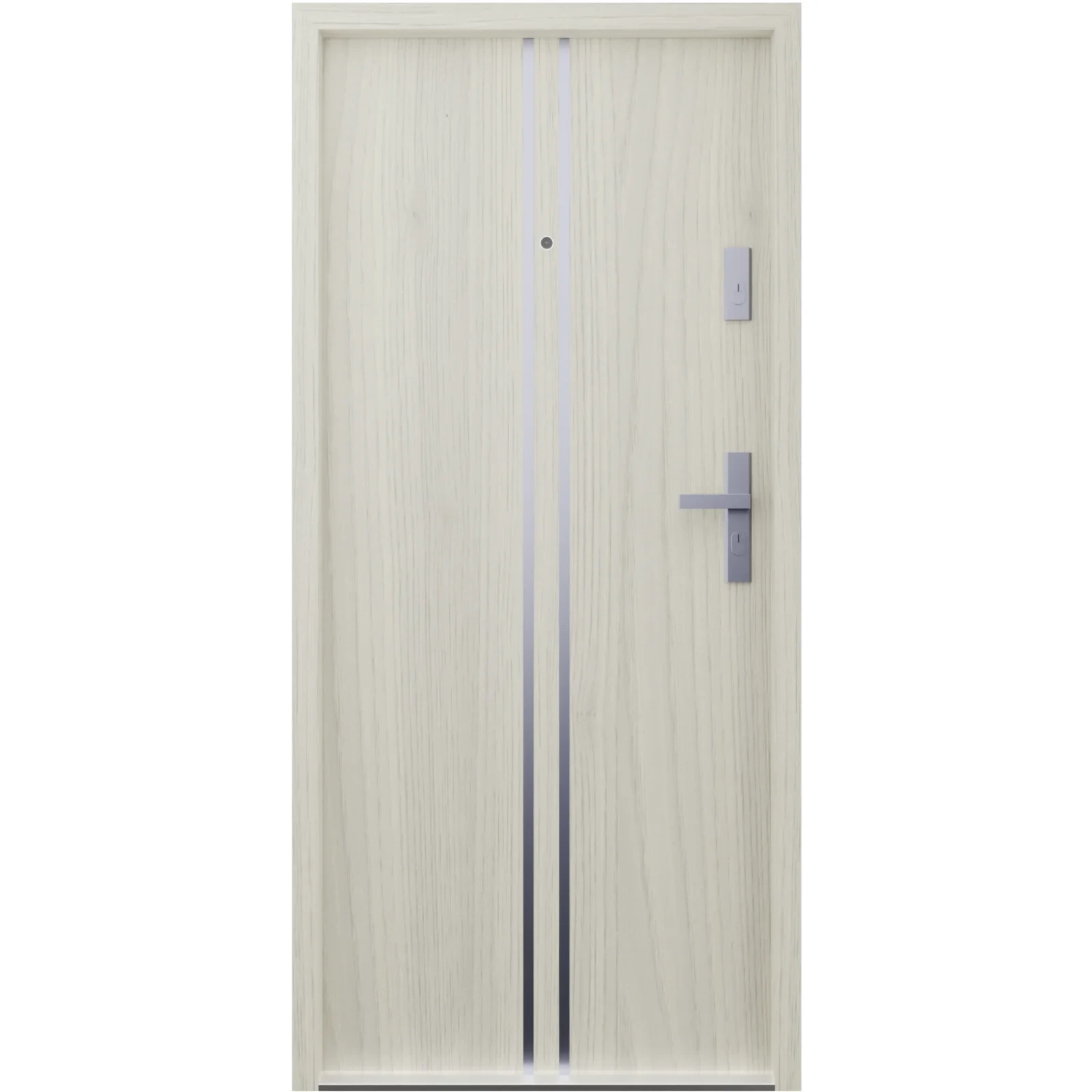 Drzwi wewnątrzklatkowe antywłamaniowe w klasie RC4 55 mm stalowe z klamką i zawiasami srebrnymi inox dąb sheffield A7