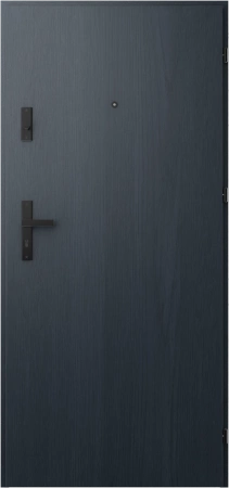 Drzwi wewnątrzklatkowe akustyczne wyciszające 47 dB antywłamaniowe RC3 55 mm stalowe z klamką czarną i aplikacjami antracyt drewnopodobny A7