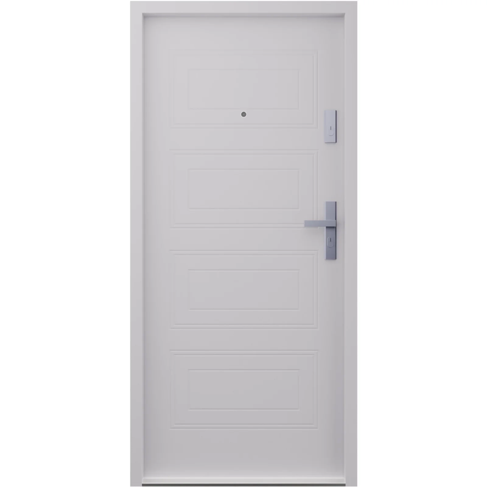 Drzwi wewnątrzklatkowe antywłamaniowe RC3 z Certyfikatem akustyczne wyciszające 47 dB 55 mm stalowe z tłoczeniami z klamką inox srebrną szare T34