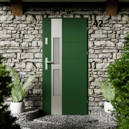 Drzwi zewnętrzne stalowe do domu Anda Inox 72mm z klamką energooszczędne Ud=1.3 lustro weneckie szyba mleczna Program Czyste Powietrze