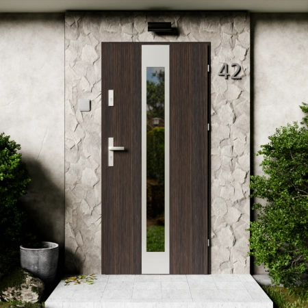 Drzwi zewnętrzne stalowe do domu Modern Inox 72mm z klamką energooszczędne Ud=1.3 przeszklone lustro weneckie szyba mleczna Program Czyste Powietrze