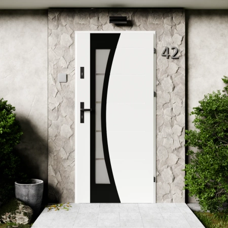Drzwi zewnętrzne stalowe do domu Optima Black 72mm z klamką czarną energooszczędne Ud=1.3 lustro weneckie szyba mleczna Program Czyste Powietrze