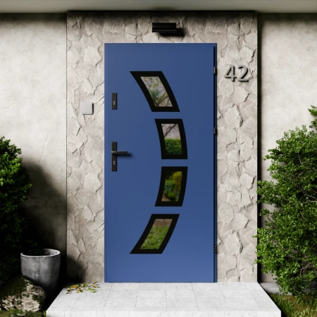 Drzwi zewnętrzne stalowe do domu Cinea Black 72mm z klamką czarną energooszczędne Ud=1.3 lustro weneckie szyba mleczna Program Czyste Powietrze