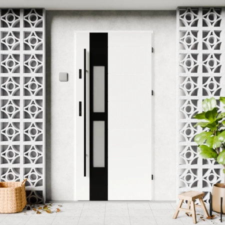 Drzwi zewnętrzne stalowe do domu Anda Black 72mm z antabą/pochwytem energooszczędne Ud=1.3 lustro weneckie szyba mleczna Program Czyste Powietrze