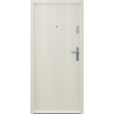 Drzwi wewnątrzklatkowe akustyczne wyciszające 47 dB antywłamaniowe RC3 55 mm stalowe z tłoczeniami z klamką inox srebrną dąb bielony T34