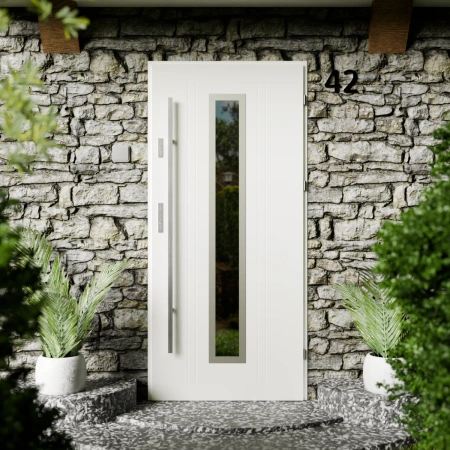 Drzwi zewnętrzne stalowe do domu Presto Inox 72mm z antabą/pochwytem energooszczędne Ud=1.3 lustro weneckie szyba mleczna Program Czyste Powietrze