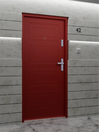 Drzwi wewnątrzklatkowe antywłamaniowe RC3 z Certyfikatem akustyczne wyciszające 47 dB 55 mm stalowe z tłoczeniami z klamką inox srebrną czerwone T34